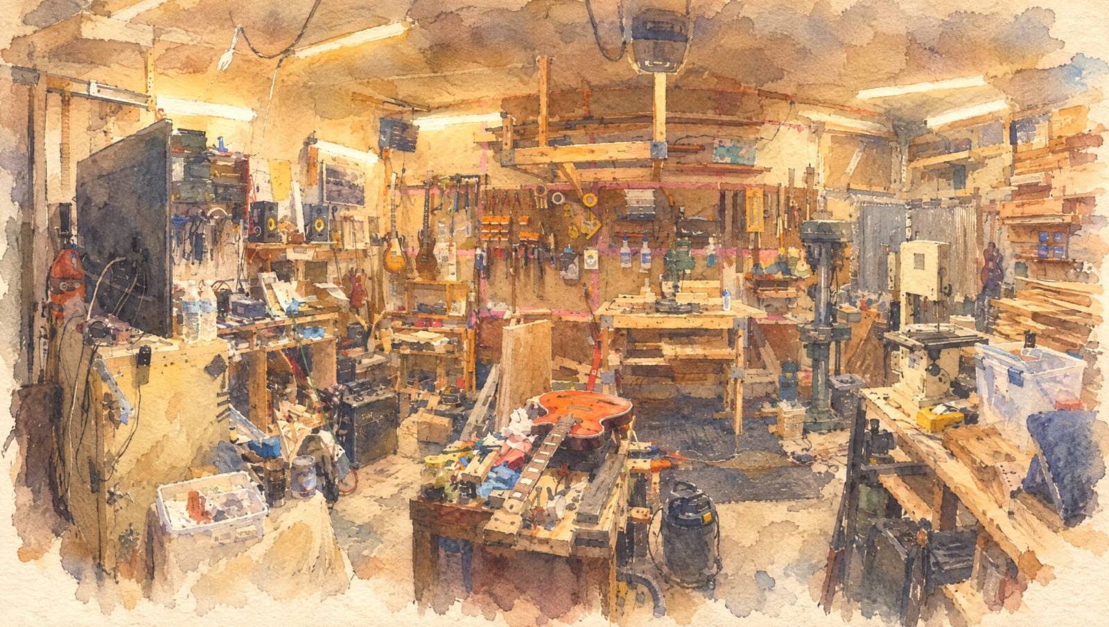 Watercolor of the workshop: benches, tool wall, drill press and a guitar body on the bench.