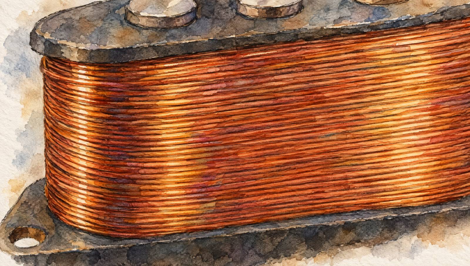 Watercolor of copper wire wound on a pickup bobbin.