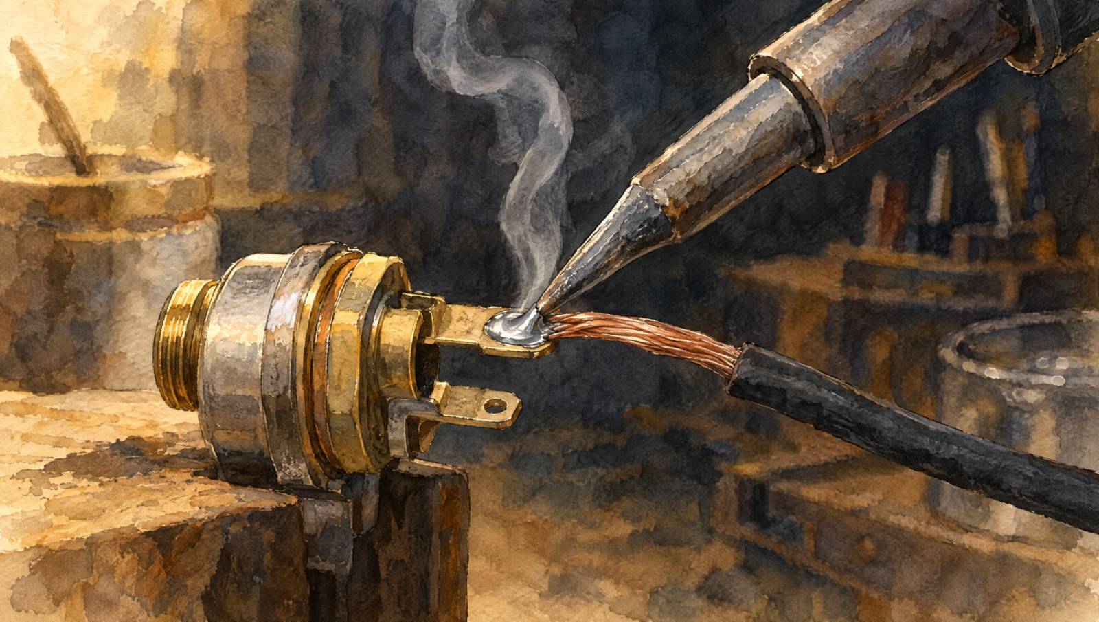 Watercolor of a soldering iron at the bench.